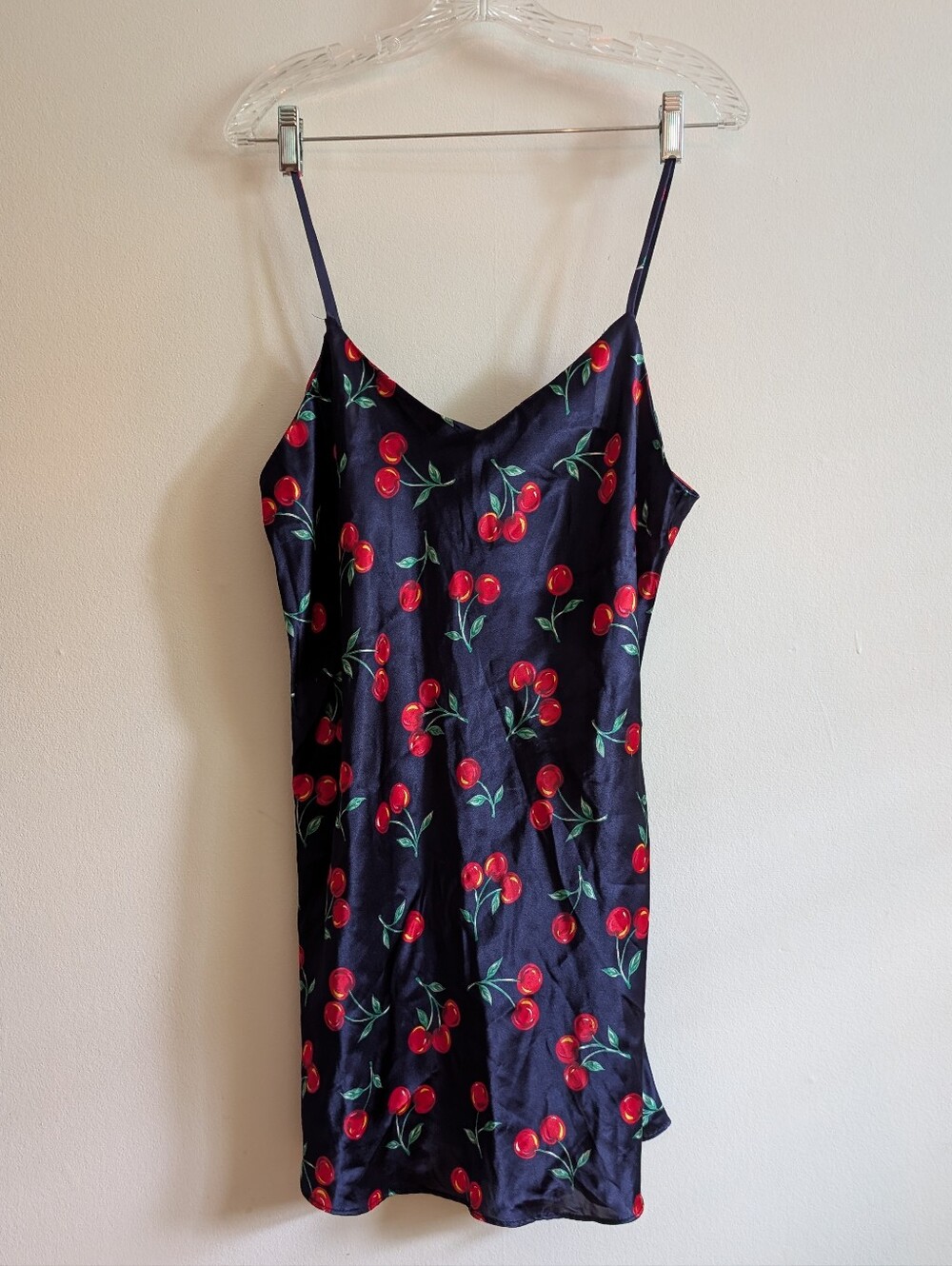 Vintage Addiction Navy Blue Satin Cherry Slip Dress medium